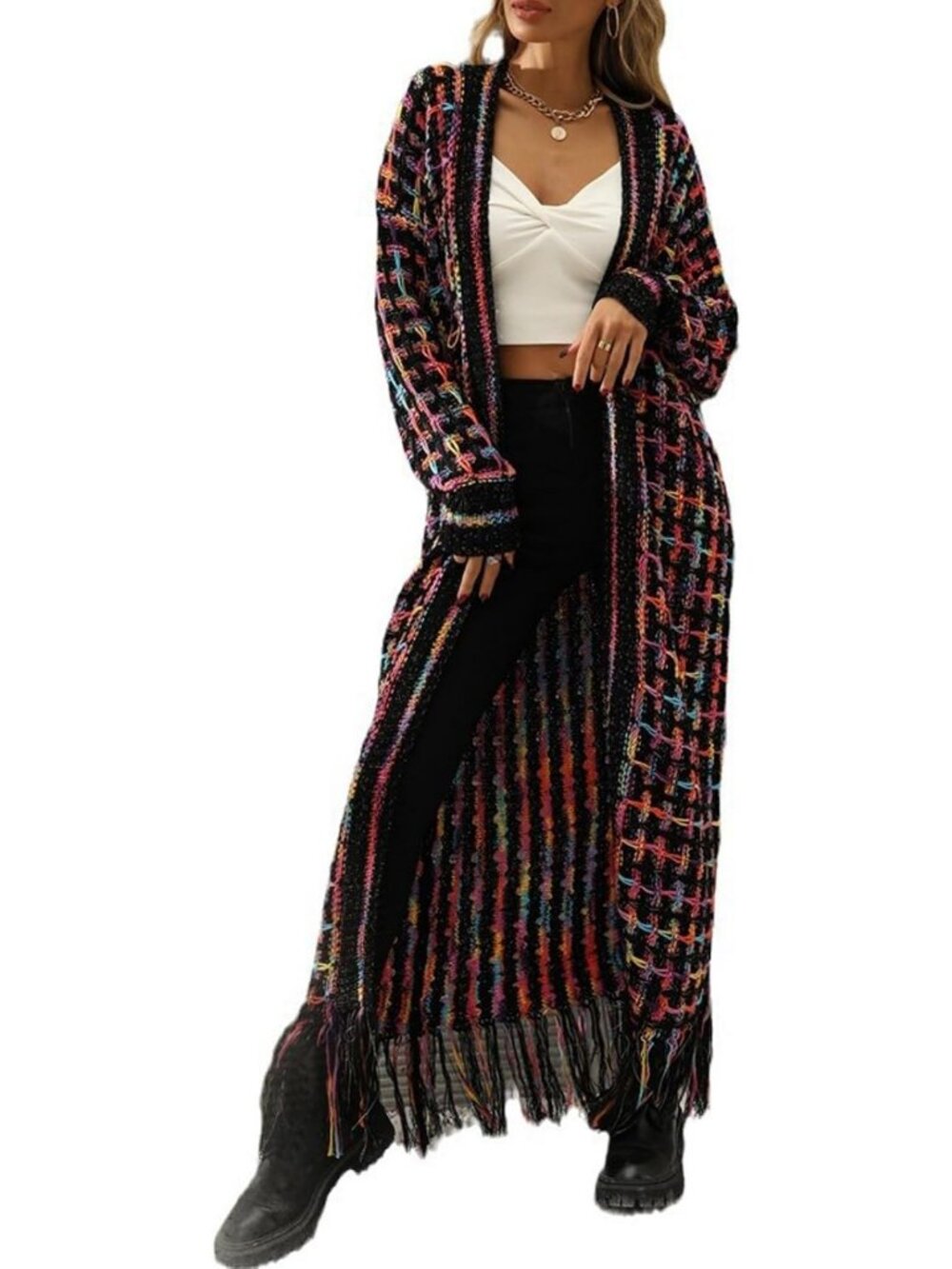 Boho Maxi Long Cardigan Sweater for Women | Colorful Fringe Coat, Chic Style